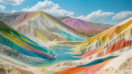 Poster - Colorful mountain landscape with vibrant hues and a serene lake under a blue sky with fluffy clouds and ample Copy Space.