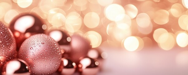 Aufkleber - Elegant Rose Gold Christmas Ornaments with Water Droplets Against a Glittering Bokeh Background