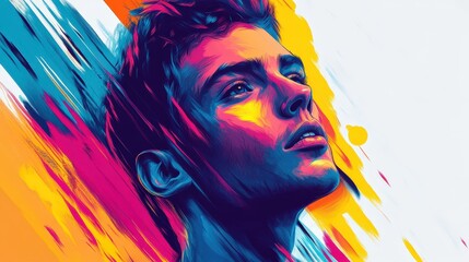 Poster - a modern digital portrait of a person in a minimalistic style, using bold lines, bright colors, and 