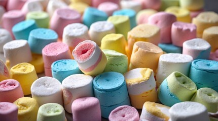 Poster - Colorful marshmallow candies scattered on a surface with various pastel colors and different shapes Copy Space