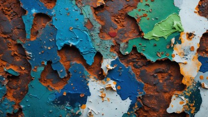 Aufkleber - Abstract texture of peeling paint with blue, green, and orange hues layered on a rusted metal surface Copy Space