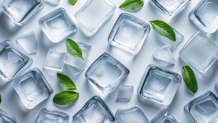 Poster - Ice cubes with fresh mint leaves on a white background, top view, ideal for beverage or summer-themed compositions, Copy Space
