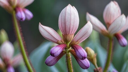 Poster - Close-up of delicate pink and purple flower buds on a blurred green background with Copy Space