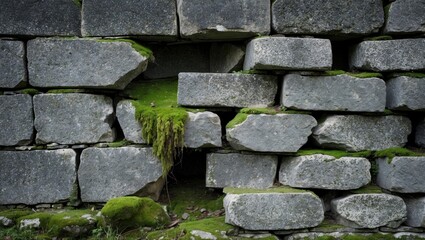 Poster - Moss covered stone wall with uneven bricks and gaps showing greenery in between for natural texture and background, Copy Space
