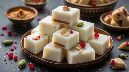 Poster - Traditional Indian sweets arranged on a decorative plate with nuts and floral garnishes on a dark background with Copy Space.