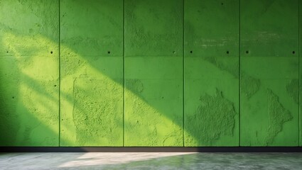 Poster - Textured green wall with shadows and light patterns on concrete surface showcasing modern interior design, ideal for backgrounds and presentations. Copy Space