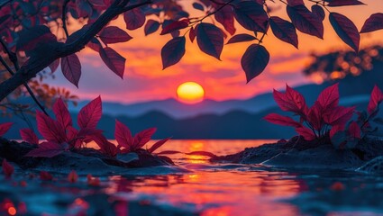 Aufkleber - Vibrant sunset over water with silhouetted mountains and red leaves framing the scene creating a tranquil nature landscape Copy Space