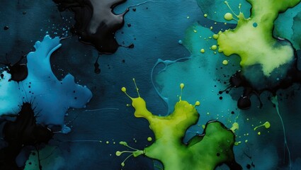 Fototapete - Abstract colorful ink splashes on dark background with blue green and black tones ideal for artistic design or text overlay Copy Space
