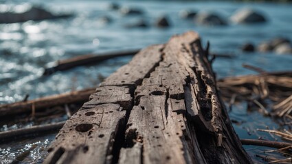 Aufkleber - Weathered wooden log on the shore of a river with shallow water and rocks in the background Copy Space