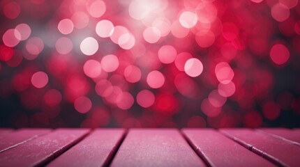 Poster - Abstract red bokeh background with wooden surface in foreground and ample copy space for text placement