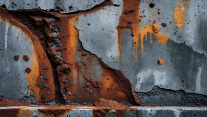 Poster - Rusty concrete wall with cracks and texture details showcasing corrosion and decay, suitable for industrial design, Copy Space