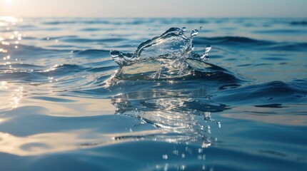 Poster - Water splash in ocean with sunlight reflection on calm sea surface creating ripples and shimmering effects Copy Space