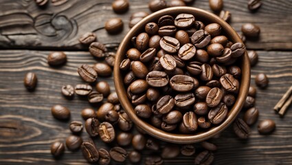 Poster - Brown coffee beans in a wooden bowl on a rustic wooden surface with scattered beans around, natural lighting, Copy Space
