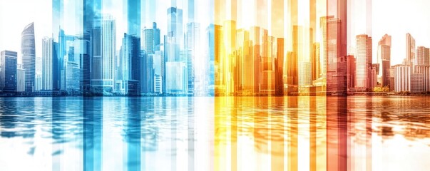 Poster - Vibrant Skyline Reflections with Colorful Stripes in a Modern Urban Setting on a Calm Water Surface