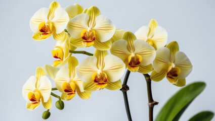 Poster - Yellow and white orchid flowers with green leaves on a light background, floral arrangement with Copy Space