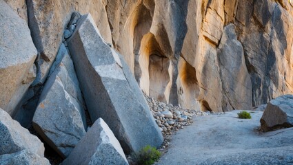 Aufkleber - Rock formations with sharp edges and textures in a rocky landscape at sunrise displaying natural geological patterns and shadows. Copy Space