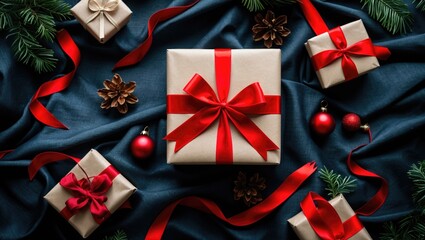 Aufkleber - Christmas gifts with red ribbons arranged on a dark blue fabric background with pine branches and decorative ornaments Copy Space