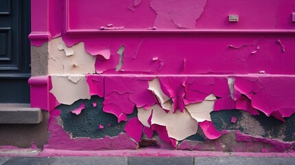 Poster - Peeling paint on a vibrant pink wall with exposed layers and texture details in urban setting environmental background Copy Space