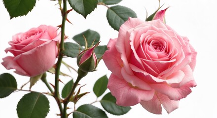 Poster - Pink roses with unopened buds and green leaves against white background ideal for floral design and nature themes Copy Space
