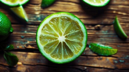 Aufkleber - Freshly cut lime halves on rustic wooden background with lime slices and leaves arranged around, vibrant colors and textures, Copy Space.