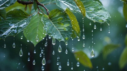 Poster - Close-up of green leaves with water droplets hanging from them after rain with blurred green background and Copy Space