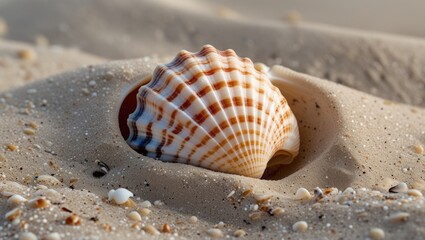 Poster - Seashell nestled in fine sand with small pebbles and grains creating a natural beach background Copy Space