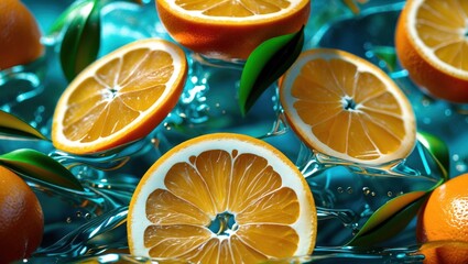 Poster - Freshly sliced orange halves with vibrant colors and green leaves floating in water, high detail and clarity, Copy Space