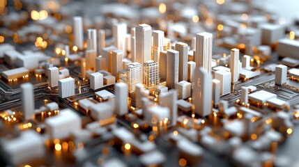 Leinwandbilder - Modern Urban Cityscape with Futuristic Buildings and Bright Circuit Board Design Elements
