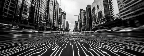 Aufkleber - Futuristic Cityscape with Abstract Circuit Pattern on Road and Urban Skyline in Monochrome Aesthetic