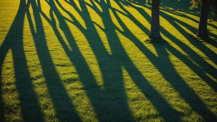 Aufkleber - Long shadows of trees cast on green grass during golden hour sunlight with rich textures and patterns of light and dark. Copy Space