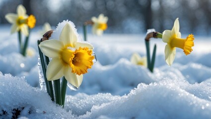 Poster - Daffodils blooming in snow covered ground with frost and sunlight illuminating the flowers Copy Space