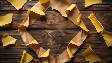 Fototapete - Torn yellow paper pieces arranged in a circular frame on dark wooden background with copy space for text