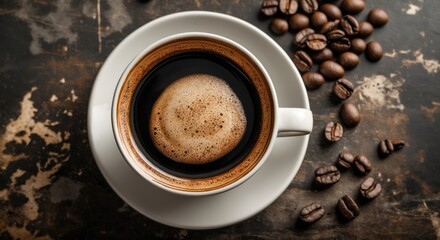 Poster - Cup of black coffee with frothy surface surrounded by coffee beans on rustic dark surface Copy Space
