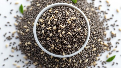 Poster - Chia seeds and sesame seeds in a bowl surrounded by loose seeds on a white background with green leaves and ample copy space.
