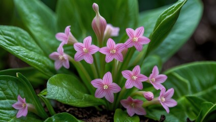 Poster - Pink flowers with green leaves in natural setting featuring a variety of flower shapes and textures Copy Space