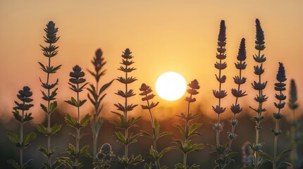 Aufkleber - Silhouette of flowering plants against a sunset with a bright sun and soft orange sky Copy Space