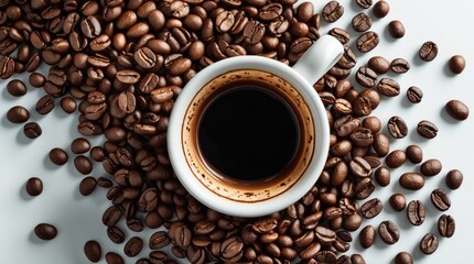 Poster - Coffee cup surrounded by roasted coffee beans on a light background with copy space for text insertion.