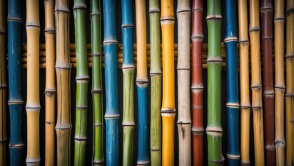 Aufkleber - Colorful bamboo stalks arranged vertically on a textured surface ideal for background design or nature themes Copy Space