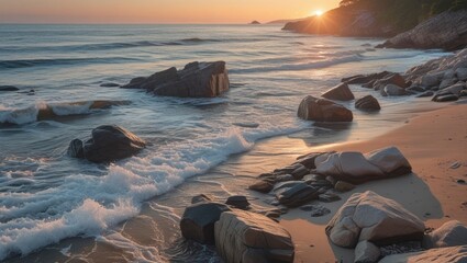 Aufkleber - Coastal scene at sunset with waves crashing on rocks and sandy beach illuminated by warm sunlight Copy Space