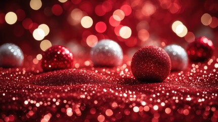 Leinwandbilder - Christmas ornaments on red glitter background with bokeh lights and copy space for festive text or holiday greetings