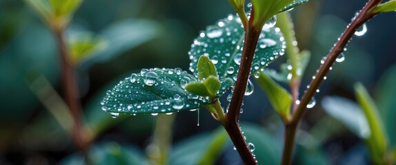 Poster - Close-up view of green leaves with water droplets on them in a natural setting, macro photography with Copy Space