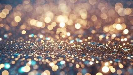 Poster - Blurred background with shimmering metallic bokeh lights in gold and blue tones and water droplets on a textured surface Copy Space
