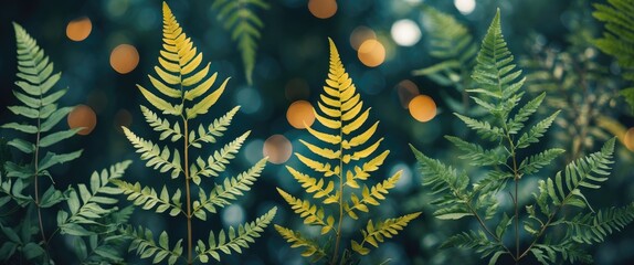 Poster - Green and yellow ferns with blurred circular lights in a dark background creating a natural ambiance Copy Space