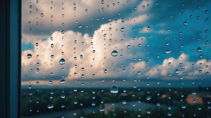 Aufkleber - Close-up view of raindrops on a window with blurred clouds and greenery in the background Copy Space