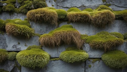 Poster - Moss and lichens growing on textured stone wall surface creating a vibrant green landscape with natural patterns and textures Copy Space