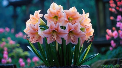 Poster - Pink Amaryllis Flowers with Green Leaves in a Garden Setting Soft Focus Background with Additional Floral Elements