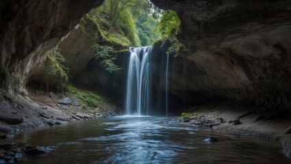 Poster - Waterfall cascading into serene grotto with lush greenery reflections in tranquil pool surrounded by rocky cliffs Copy Space