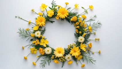 Poster - Yellow floral wreath with assorted flowers and greenery on a light background. Copy Space.