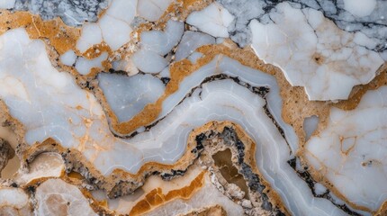 Fototapete - Abstract close-up of natural stone surface with intricate patterns of blue, white, and gold mineral veins suitable for backgrounds or textures Copy Space