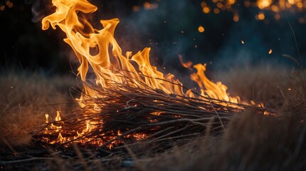 Poster - Fire burning on a pile of sticks in dry grass during sunset with warm glow and smoke, Copy Space
